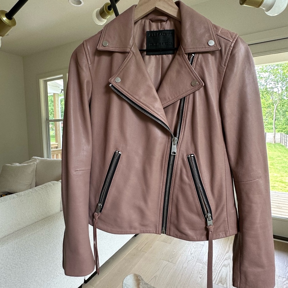 AllSaints Dalby Leather Biker Jacket like new never worn Size 6 Blush Pink